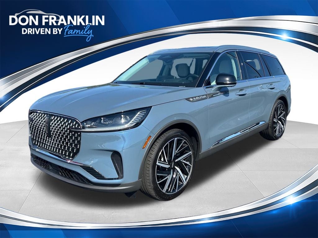 2026 Lincoln Aviator Reserve in Whisper Blue Metallic Clearcoat — front three-quarter view